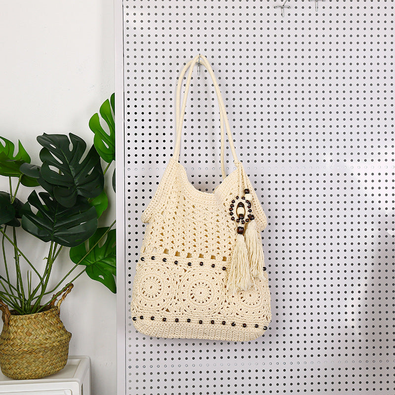 Large Cotton String Woven Tassel Beaded Literary Trends Hollow Vacation Women's Handbag