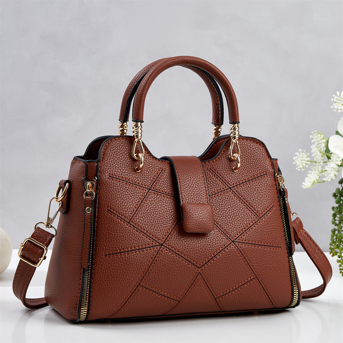 Elegant Mother Geometric Line Pressing Design Litchi Pattern Women's Handbag