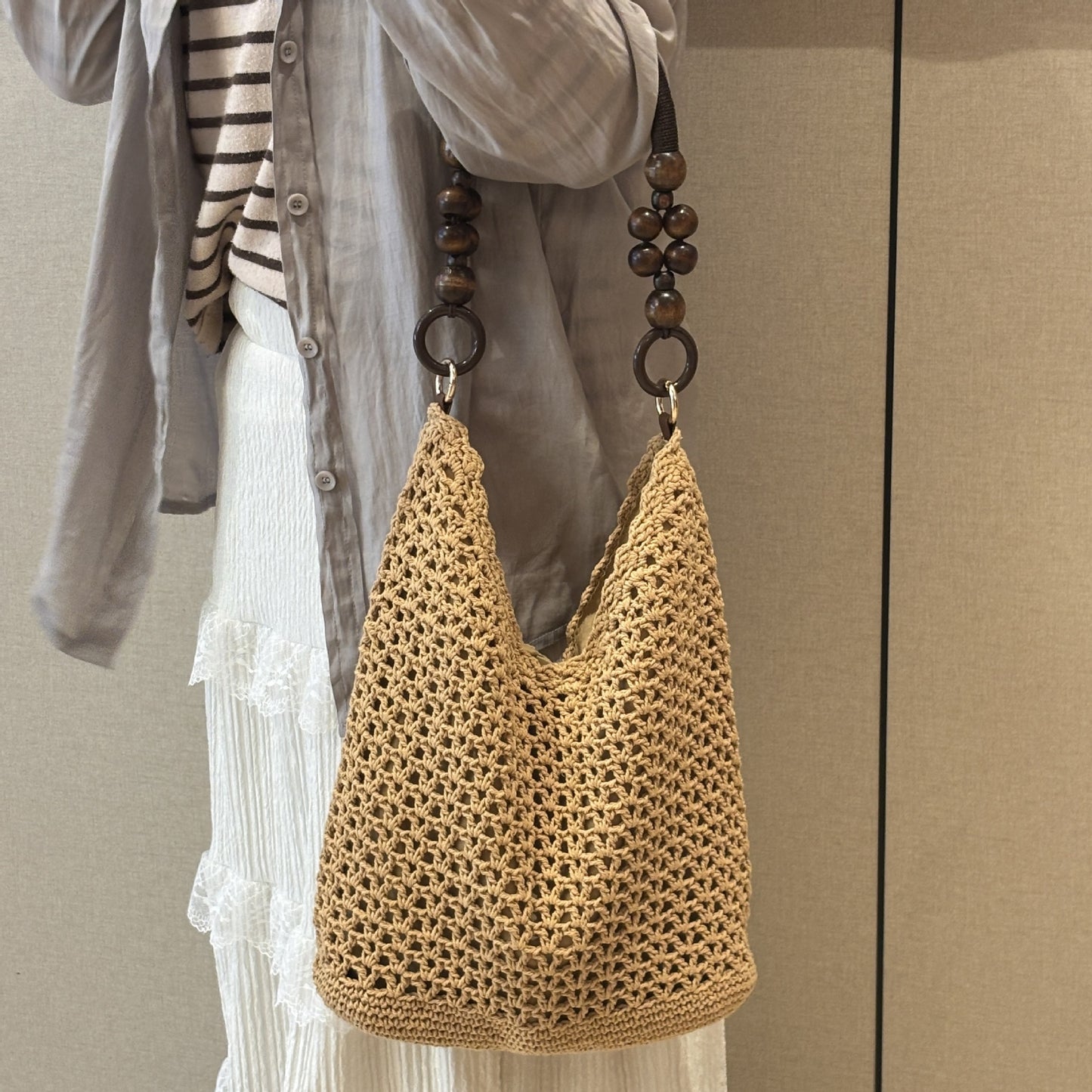 Chinese Style Beads Strap Cotton Thread Woven Women's Shoulder Bag