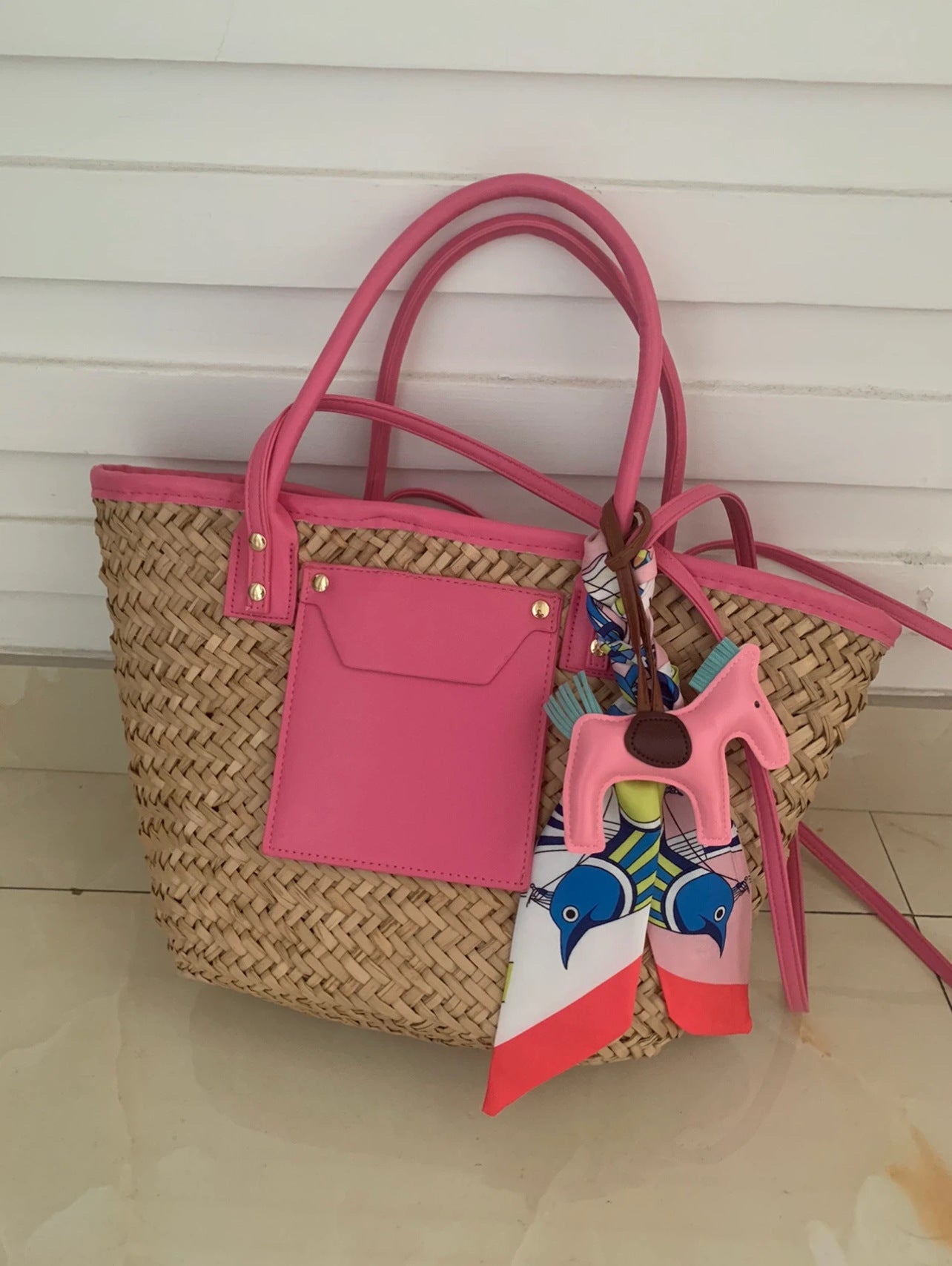 Retro Straw Coffee Color Large Capacity Portable Leather Patchwork Woven Women's Messenger Bag