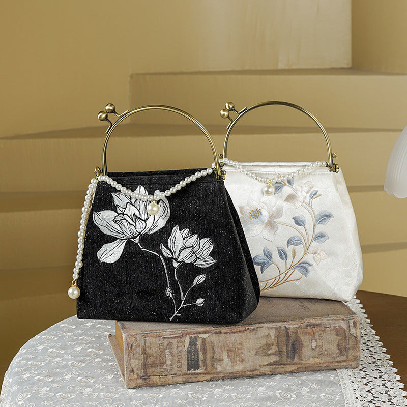 Linen Embroidered National Style Cheongsam Banquet Pearl Handbags
