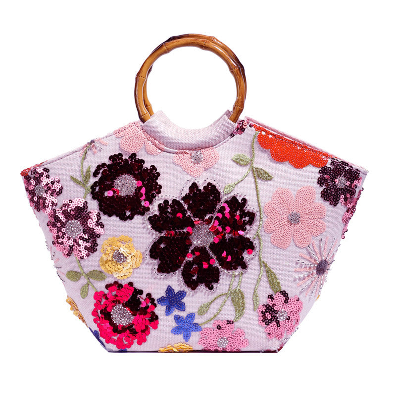Women's Chinese Style Bamboo Joint Mesh Embroidered Sequins Applique Vacation Hand Tote Bag