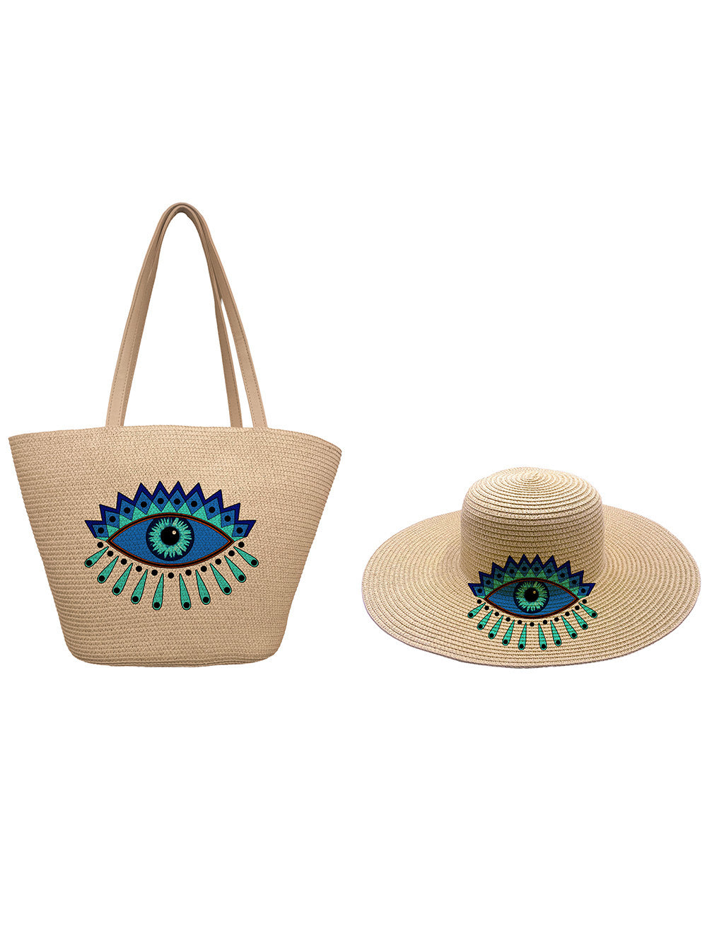 Women's Style Straw Woven Hat Set Vintage Eye Print Bags