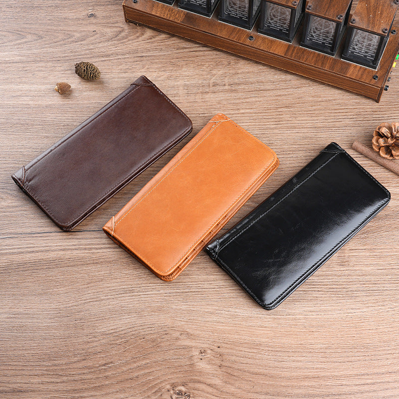 Men's Oil Waxed Leather Long Genuine Vertical Men's Wallet