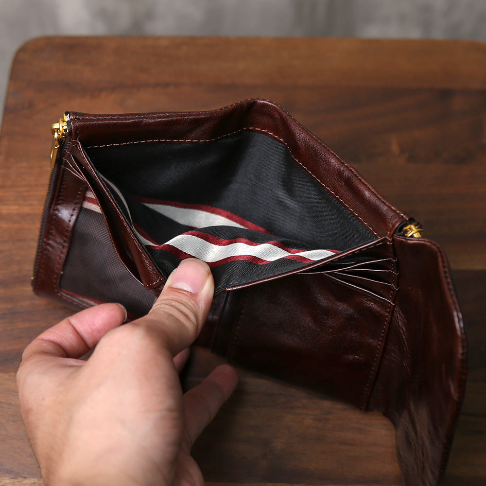 Women's & Men's First Layer Cowhide Genuine Leather Large Capacity Retro Fashion Three Men's Wallet