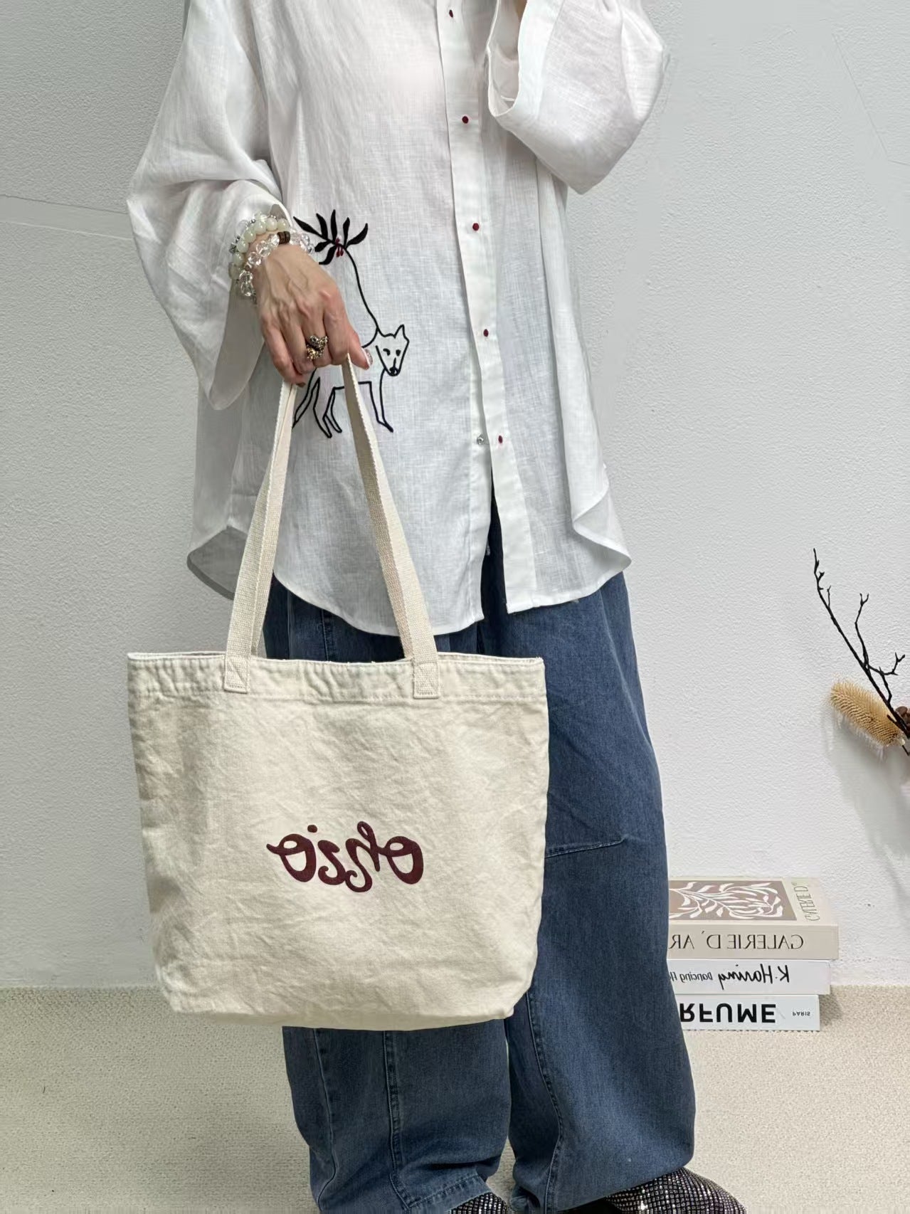 Canvas Washed Letter Embroidery Large Capacity Women's Shoulder Bag
