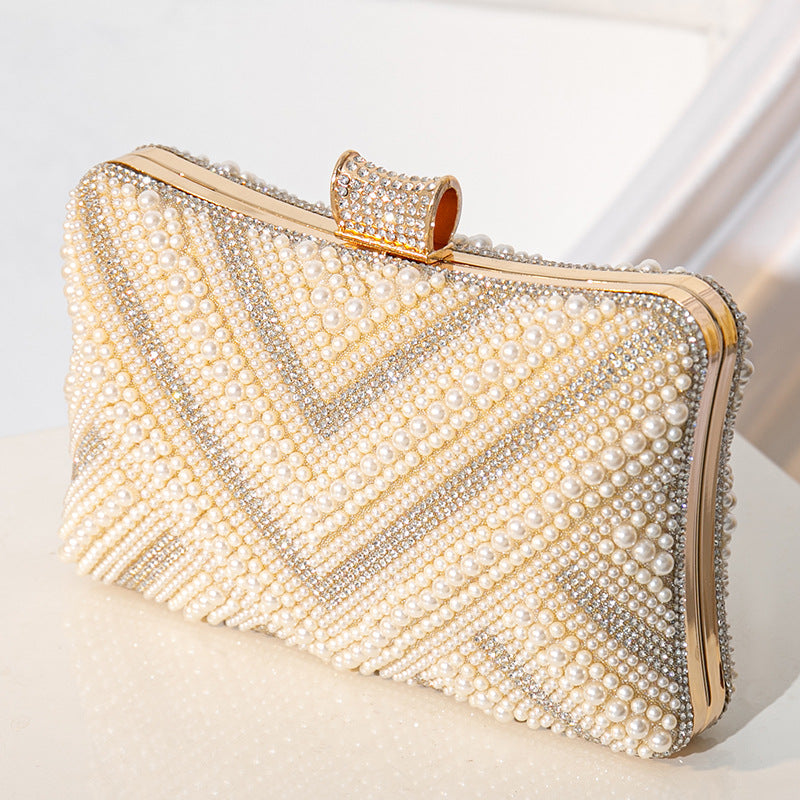 Handmade Beaded Pearl Wrist Bezel Setting Rhinestone Dinner Bag