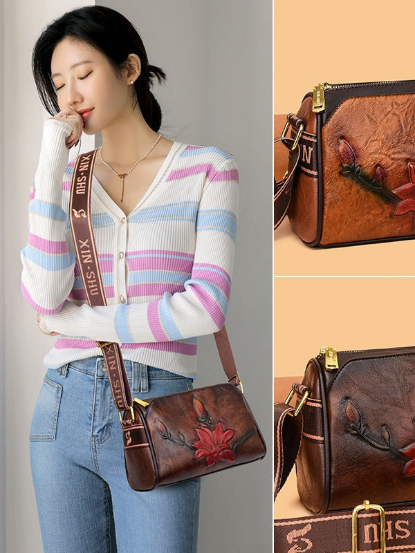 Women's Affordable Luxury Fashion Retro Chinese Ethnic Rune Carved Authentic Leather Women's Messenger Bag