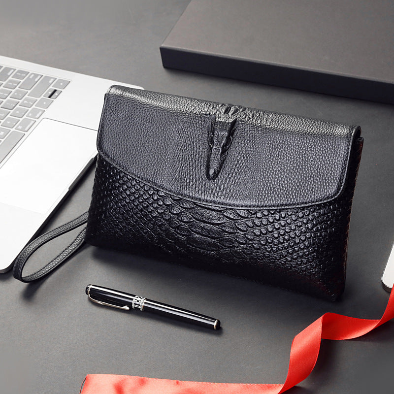 Men's Crocodile Texture Black Genuine Leather Soft Large Men's Clutch