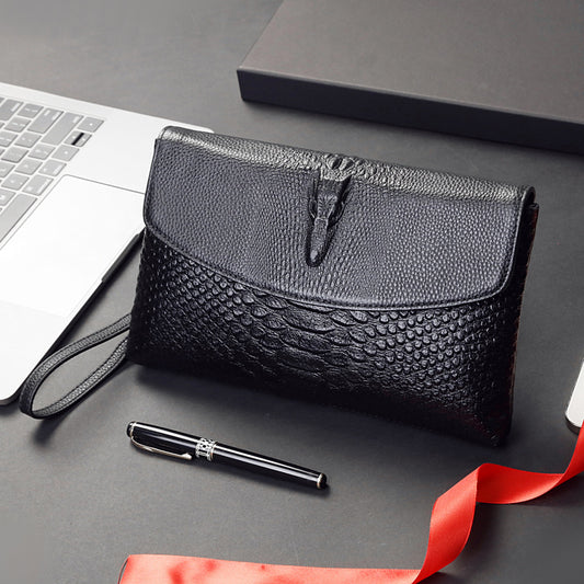 Men's Crocodile Texture Black Genuine Leather Soft Large Men's Clutch
