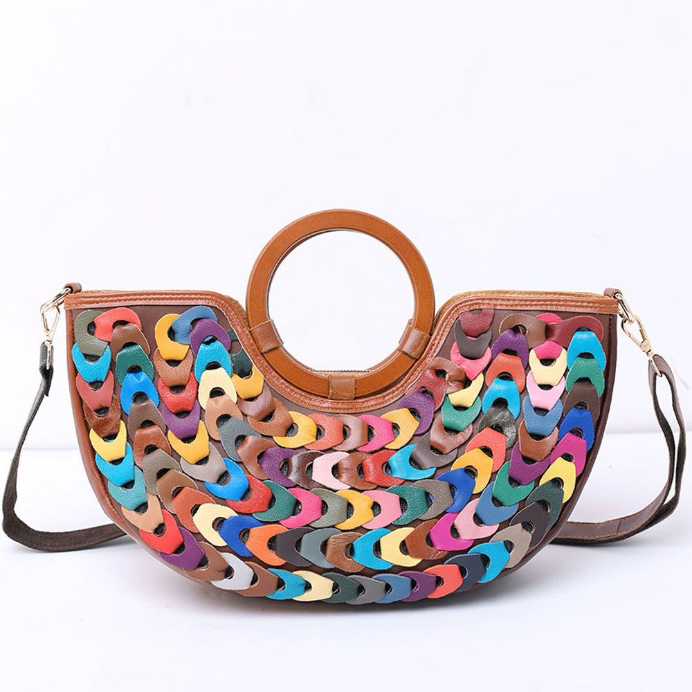 Women's Handmade Geometric Pattern Stitching Genuine Leather Cowhide Ethnic Style Bohemian Small Square Bag