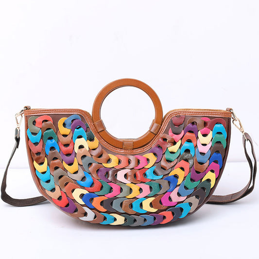Women's Handmade Geometric Pattern Stitching Genuine Leather Cowhide Ethnic Style Bohemian Small Square Bag
