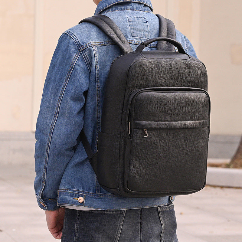 Men's Leather Cowhide Computer Black Business Trip Universal Backpack