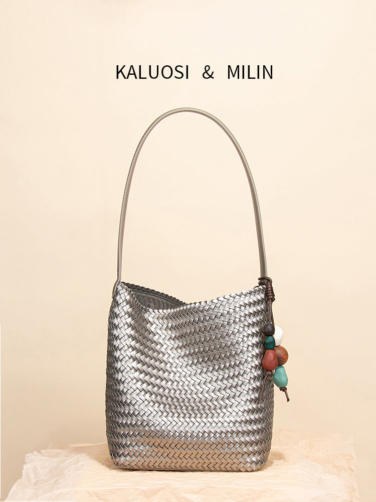 Tanned Soft Leather Woven Large Capacity Design Bucket Bag