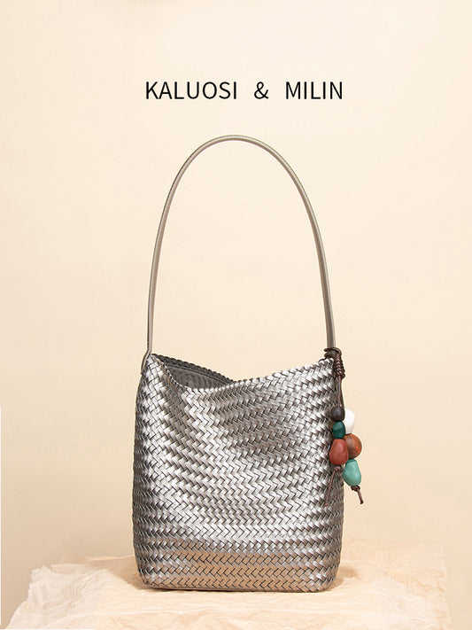 Tanned Soft Leather Woven Large Capacity Design Bucket Bag