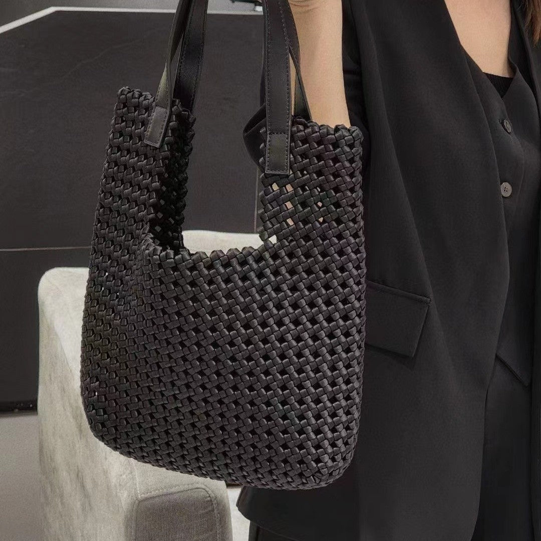 Cowhide Retro Woven Large Capacity Totes Mother Underarm Tote Bag