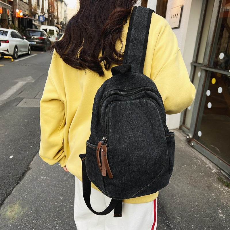 Women's & Men's Retro Denim Large Capacity Simple Camp College Student Schoolbag