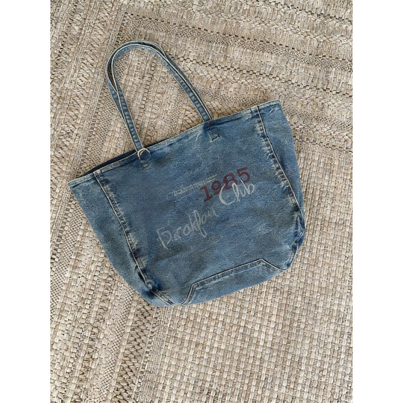 Women's Retro Washed Blue Portable Denim Korean Tote Bag