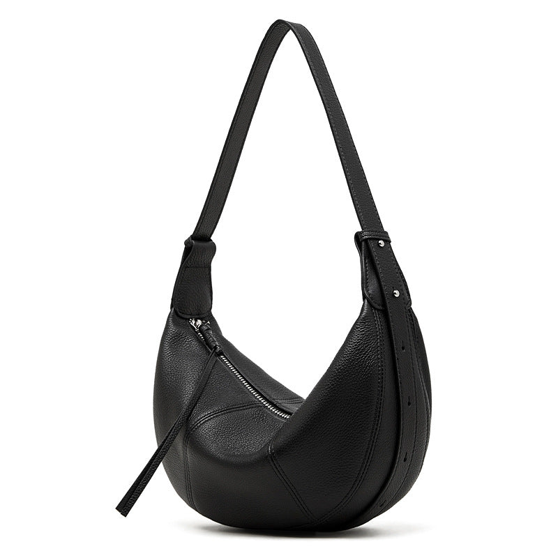 Women's Layer Cowhide Croissant Dumpling Genuine Leather Niche Practical Commuter Solid Bags