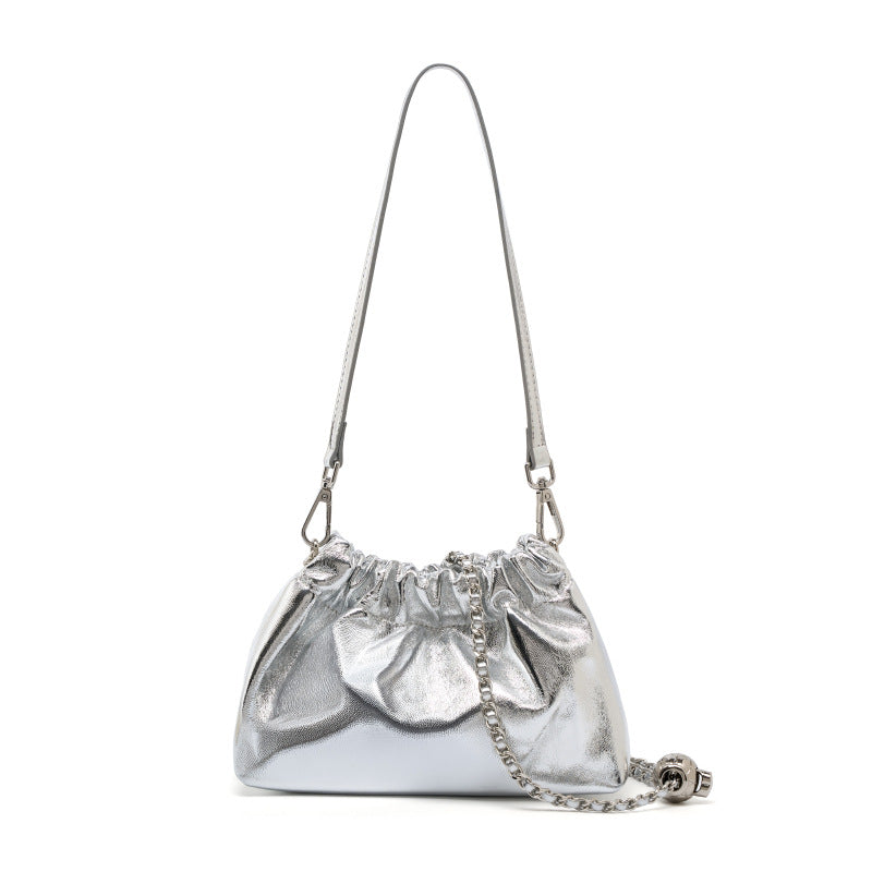 Balls Chain Pleated Cloud Portable Underarm Black Leather Design Sense Women's Messenger Bag