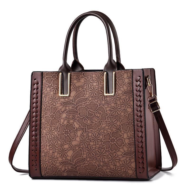 Women's Lace Embossed Large Capacity Soft Leather Texture Western Women's Shoulder Bag