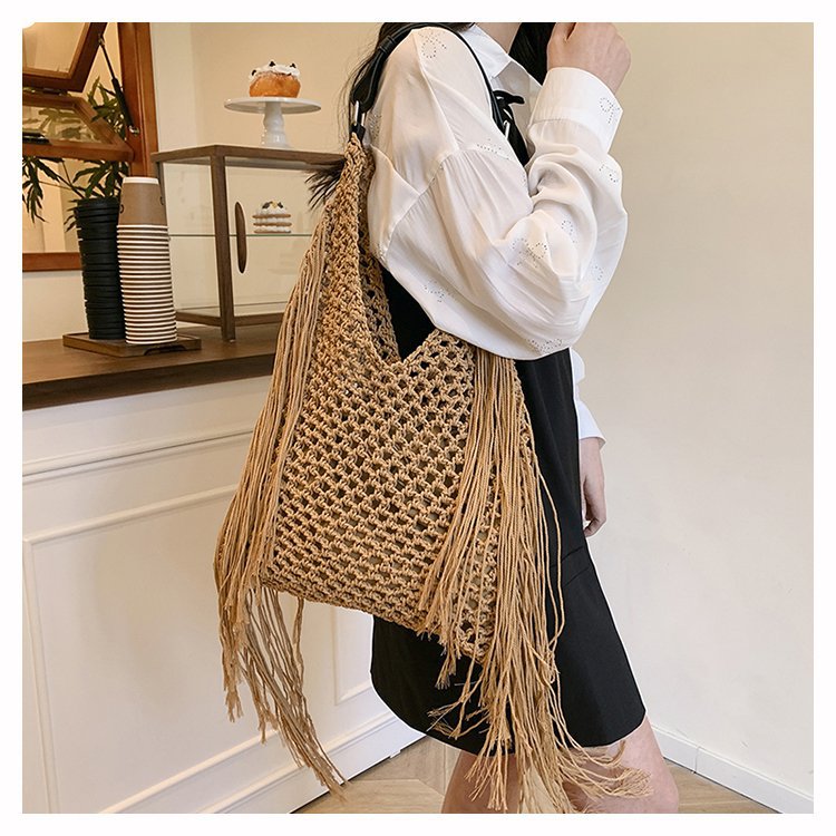 Women's High-grade Cotton Thread Straw Woven Hand-woven Vacation Beach Large Women's Shoulder Bag