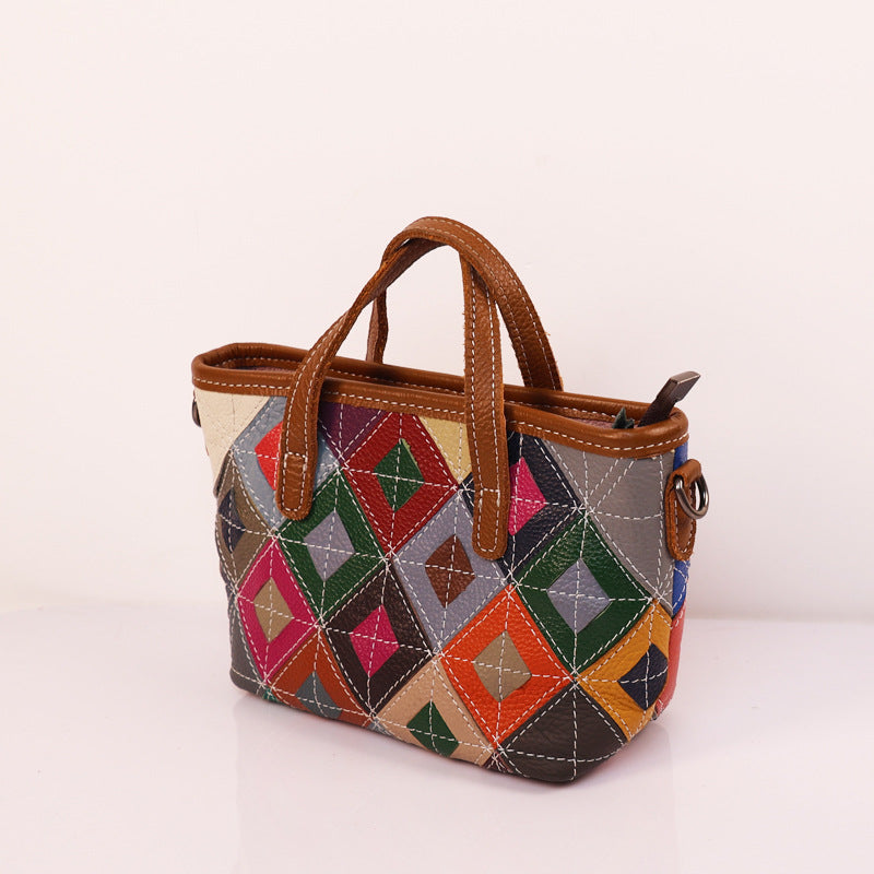 Women's First Layer Cowhide Ethnic Style Fashion Portable Stitching Women's Leather Bag
