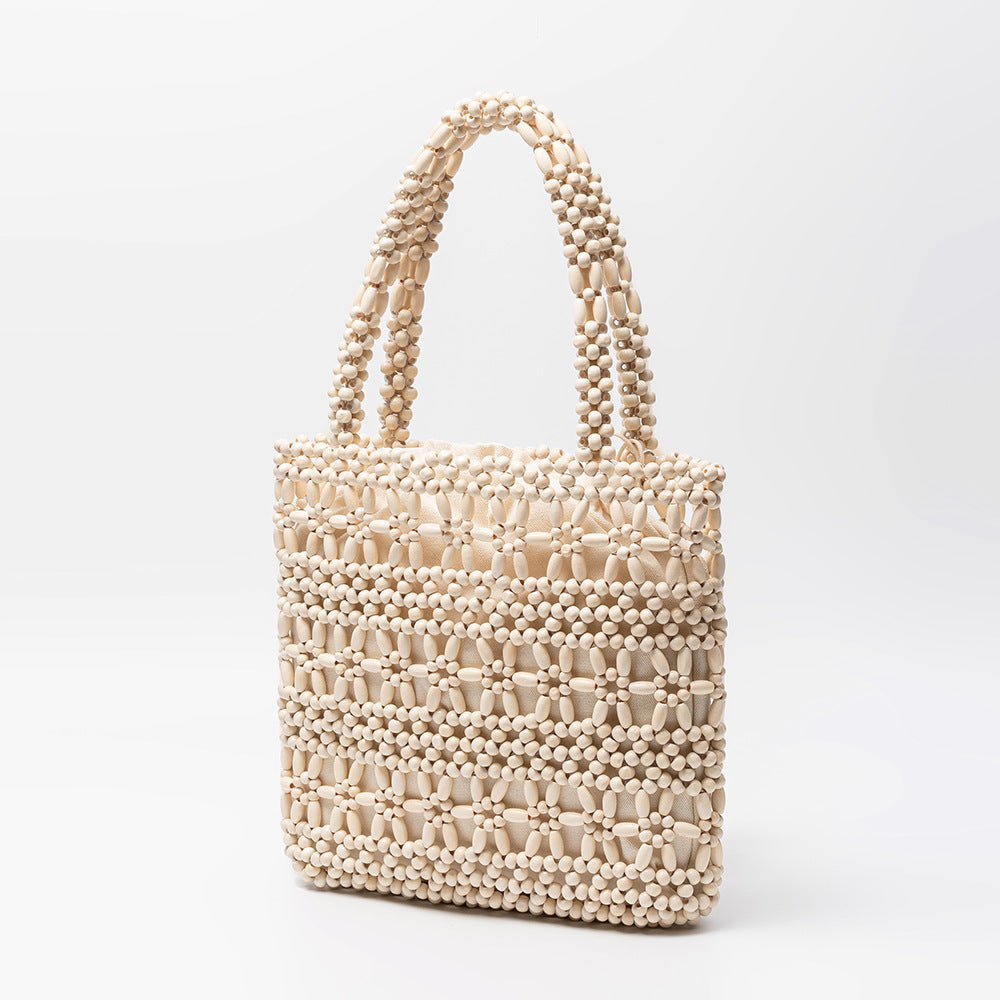 Women's Woven Seaside Beach Vacation With Wooden Beads Women's Shoulder Bag