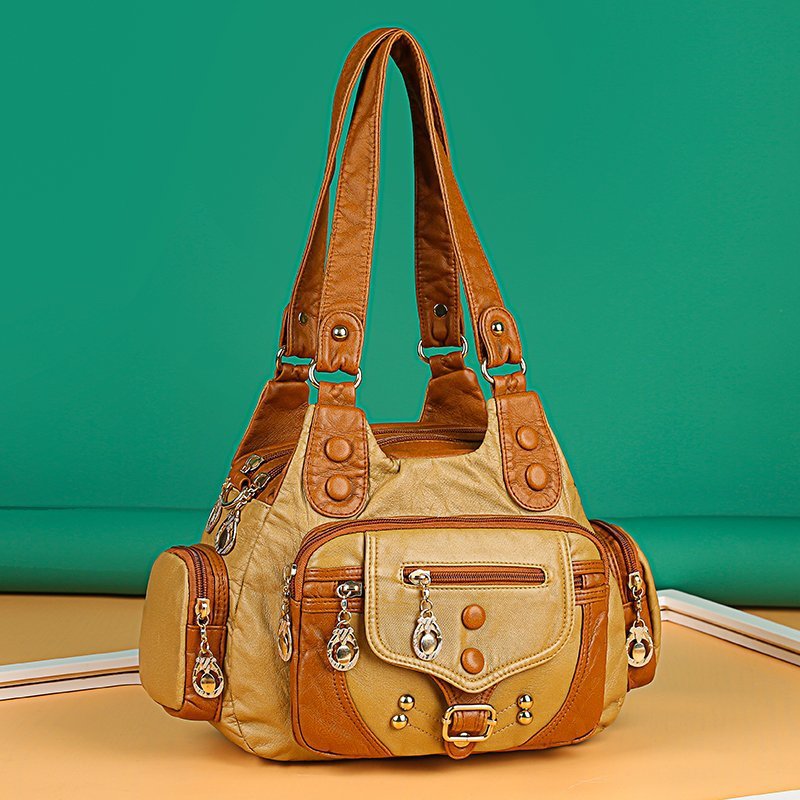 Women's Contrast Color Rivet Washed Leather Portable Soft Women's Shoulder Bag