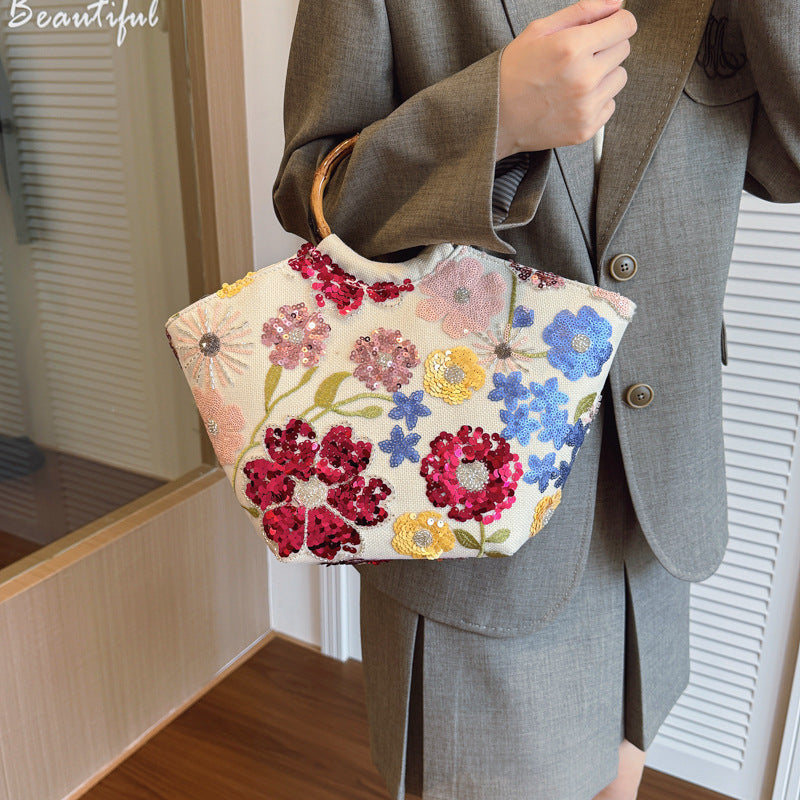 Women's Chinese Style Bamboo Joint Mesh Embroidered Sequins Applique Vacation Hand Tote Bag