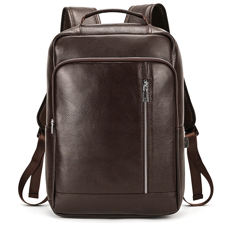 Men's Leather Cowhide Computer Black Business Trip Universal Backpack