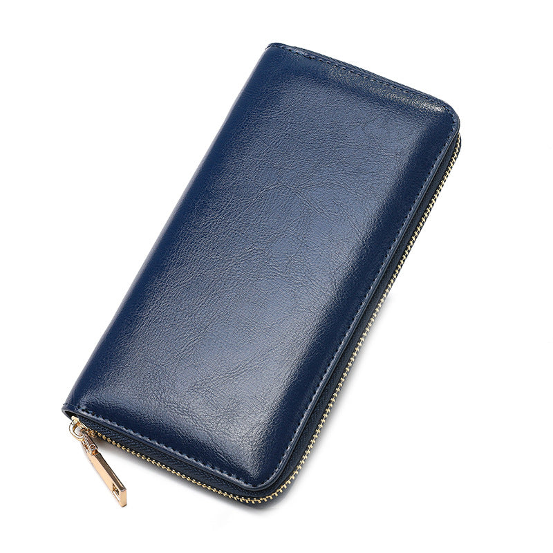 Women's Oil Wax Grain Cowhide Zip Long Genuine Leather Large Ladies Wallet