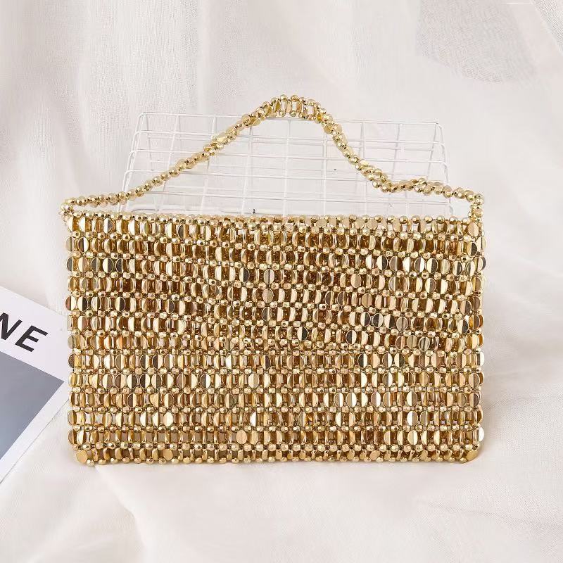 Vintage Shiny Metal Handmade Beaded Bracelet Pearl Flip Large Capacity Women's Handbag