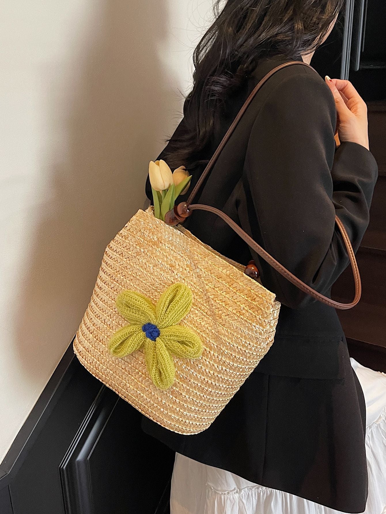 Women's Capacity Fashion Straw Woven Vacation Beach Vegetable Women's Shoulder Bag