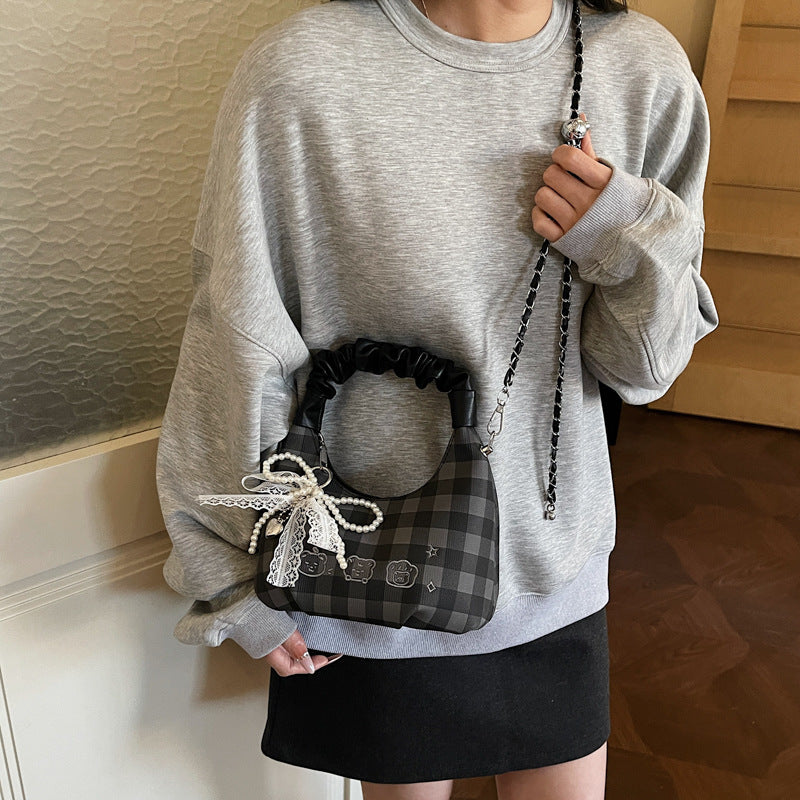 Women's Sweet Plaid Bowknot Fashion Commuter Western Small Square Bag