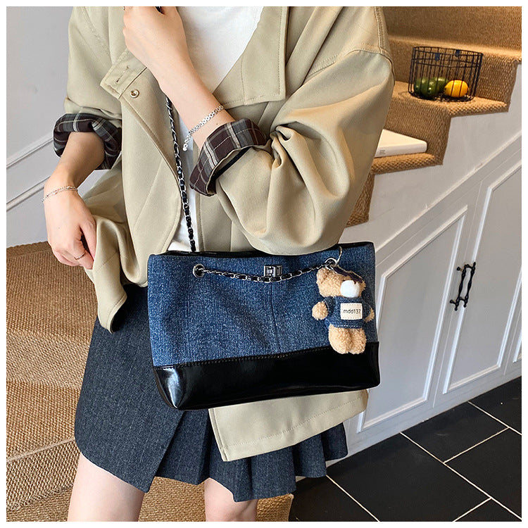 Women's Denim Blue Chain Stray Niche Stitching Contrast Color Pillow Korean Bags