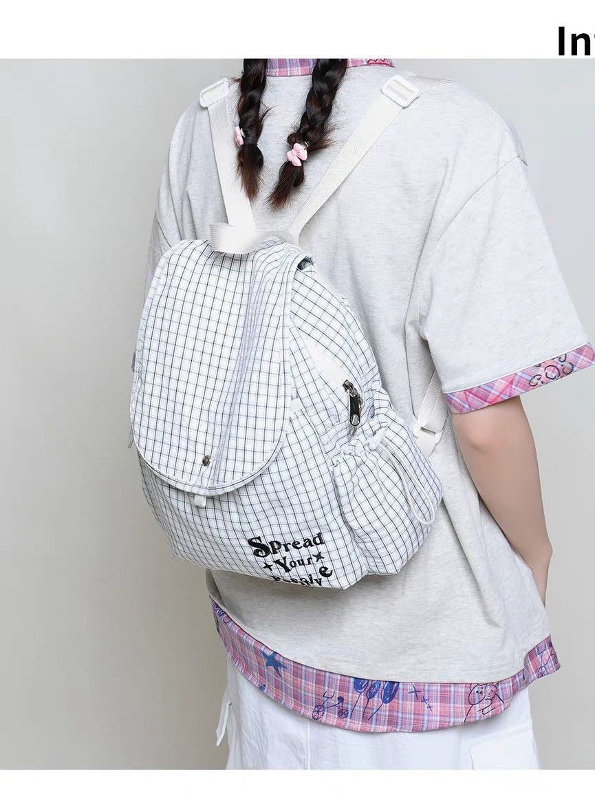 Checked Sweet Female College Plaid Canvas Niche Leisure Backpack