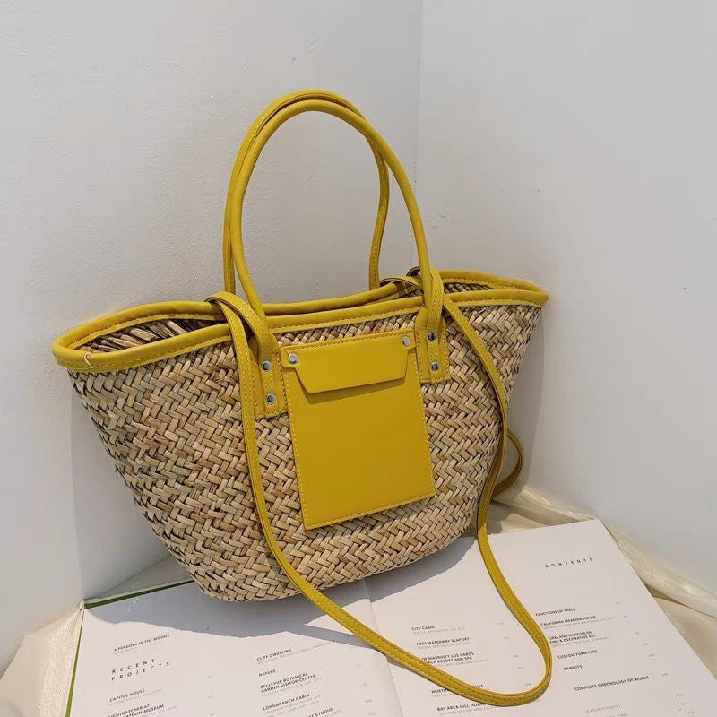 Retro Straw Coffee Color Large Capacity Portable Leather Patchwork Woven Women's Messenger Bag