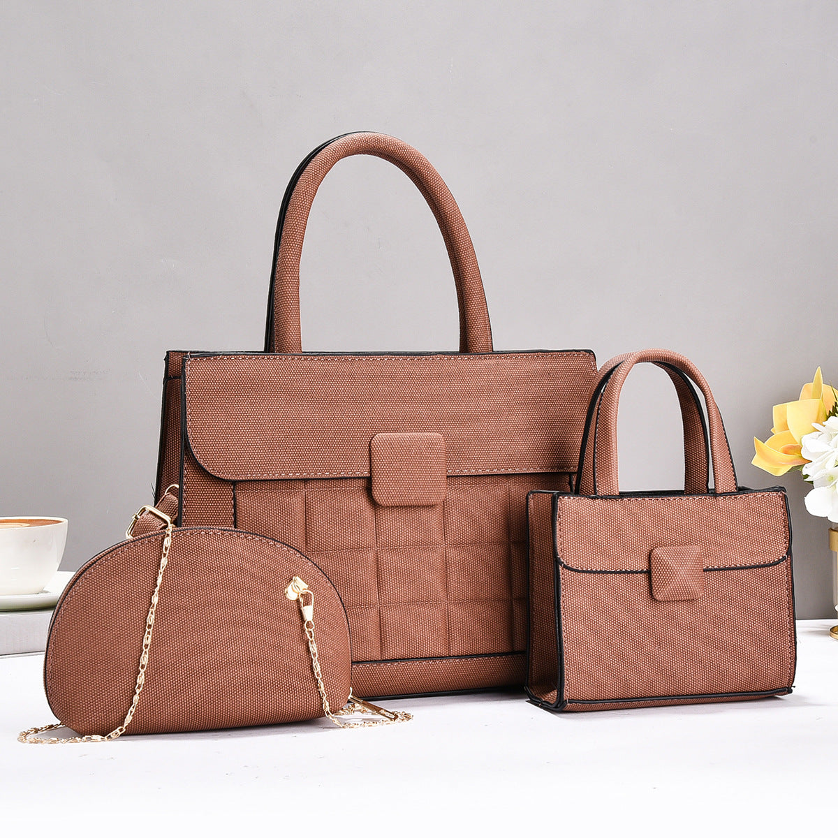 Plaid Stitching Three-piece Large Capacity Versatile Bags