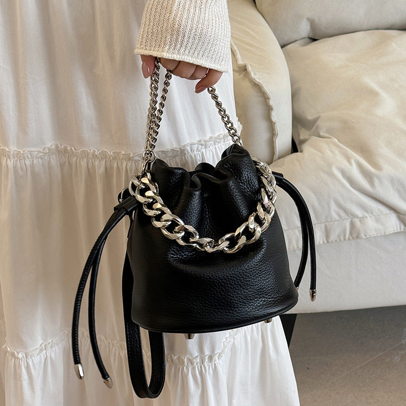 Women's Genuine Leather Fresh Simple Drawstring Fashionable High-grade Chain Cross Bucket Bags