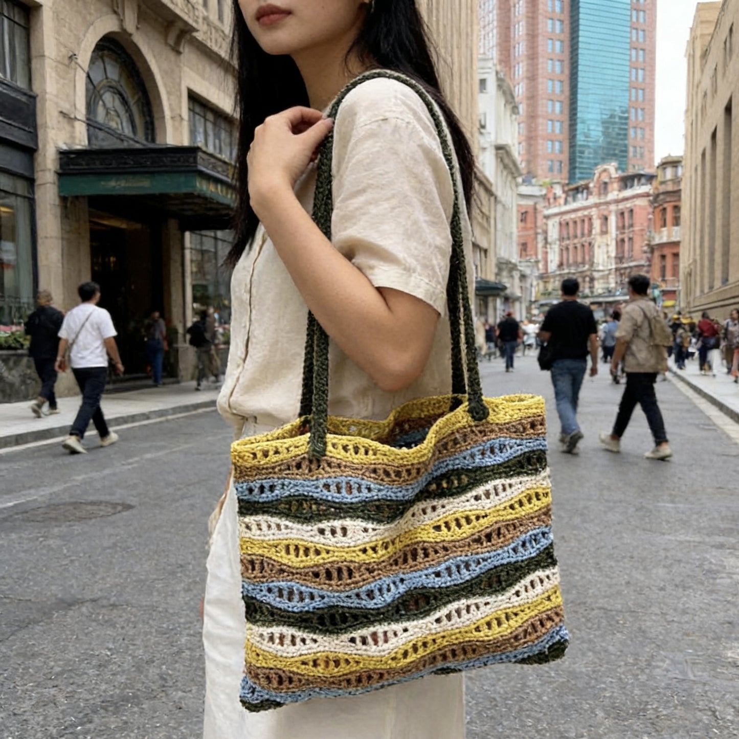 Laziness Female Color Wave Pattern Contrast Cotton Large Women's Shoulder Bag