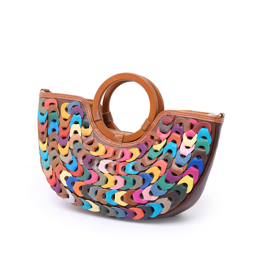 Women's Handmade Geometric Pattern Stitching Genuine Leather Cowhide Ethnic Style Bohemian Small Square Bag
