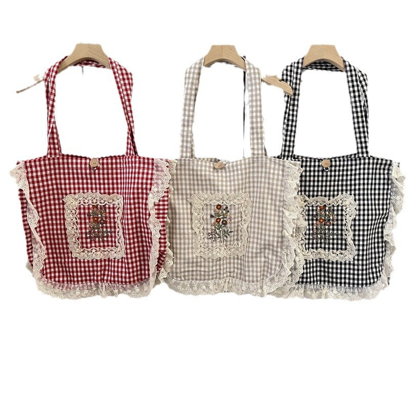 Flounce Vintage Embroidered Large Capacity Plaid Women's Shoulder Bag