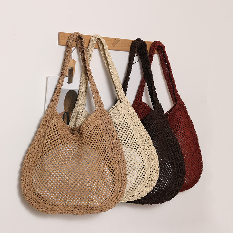 Women's Large Capacity Straw Hollow Solid Color Woven Seaside Vacation Style Women's Shoulder Bag
