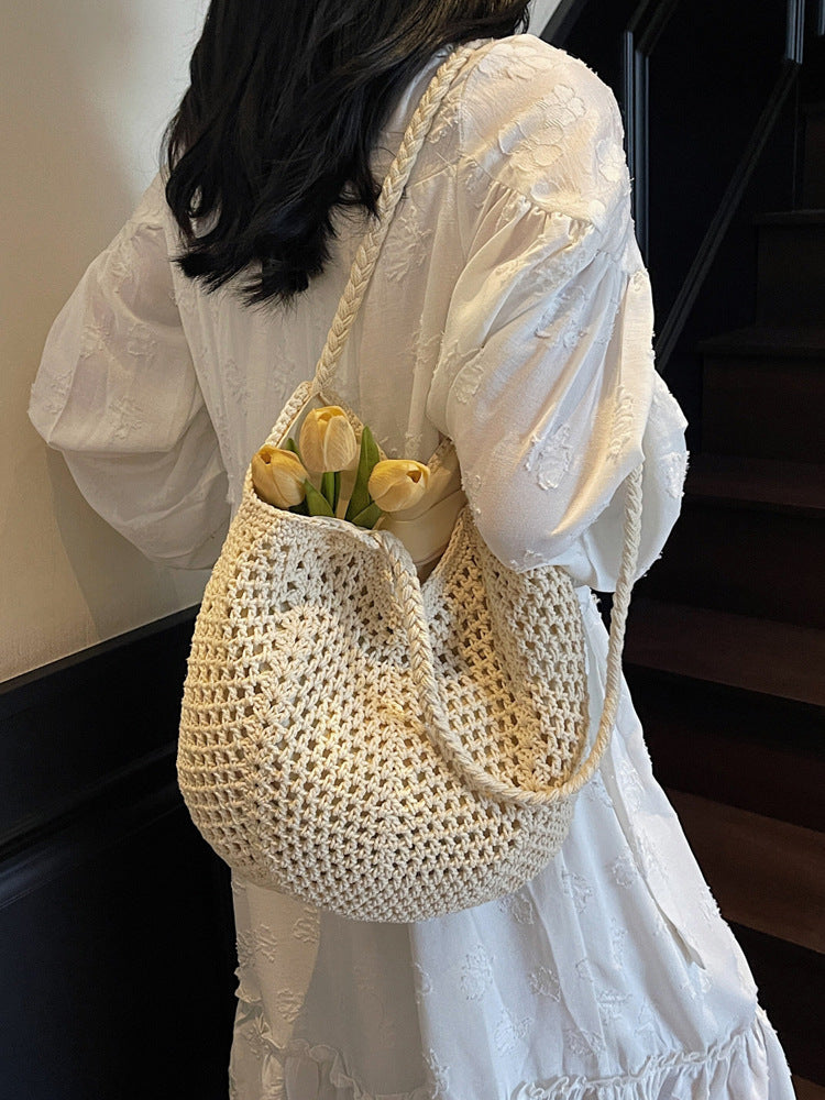 Women's Large Capacity Cotton Thread Woven Hollow Straw Idle Style Women's Shoulder Bag