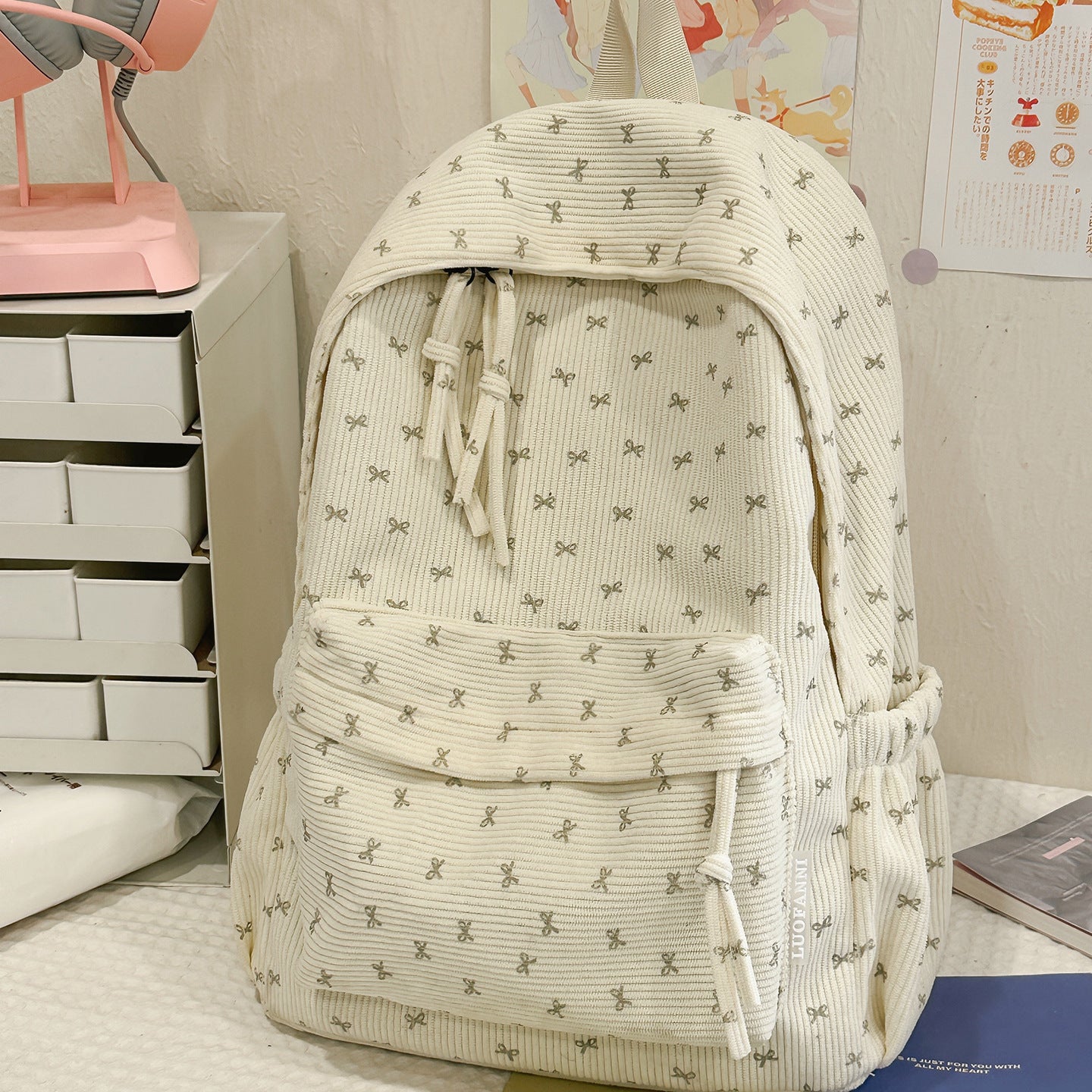 Corduroy Bowknot Large Capacity Female For College Student Schoolbag