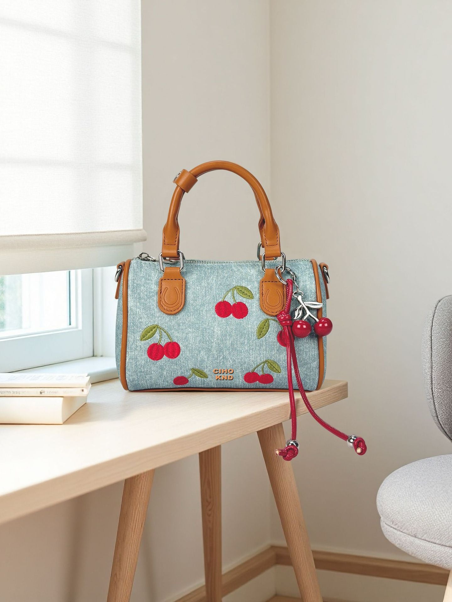 Women's Sweet Cherry Denim Blue Boston Super Women's Messenger Bag