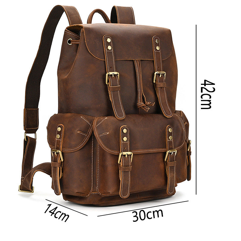 Men's Crazy Horse Leather Cowhide Large Capacity Universal Backpack