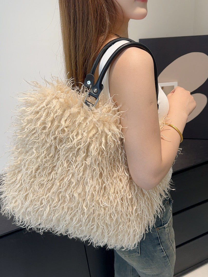 Women's Fashion Sense Fur Large Capacity Imitation Sheep Beach Tote Bags