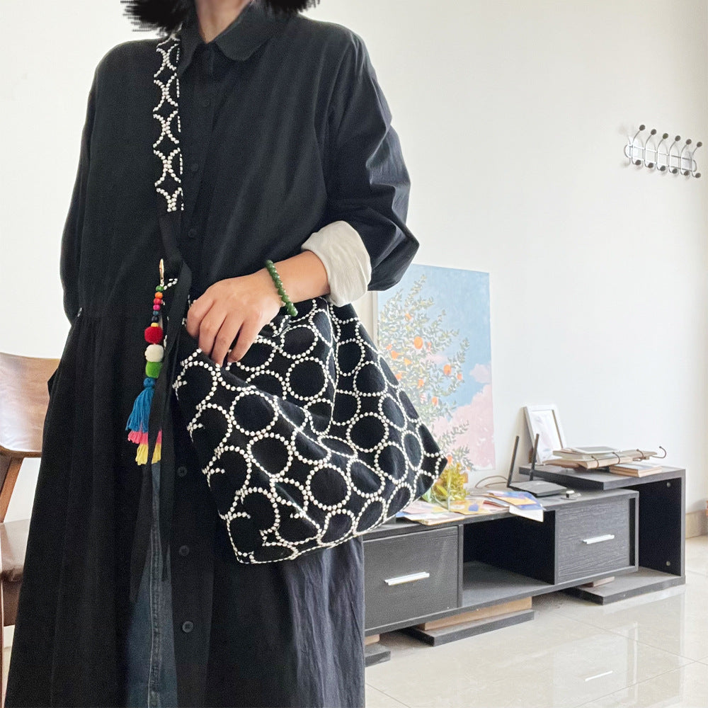 Medium Ming Style Tambourine Flower Linen Embroidered Women's Messenger Bag